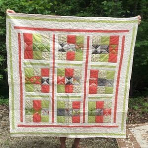 NWT. Hand Crafted Green/Orange/Cream Quilt